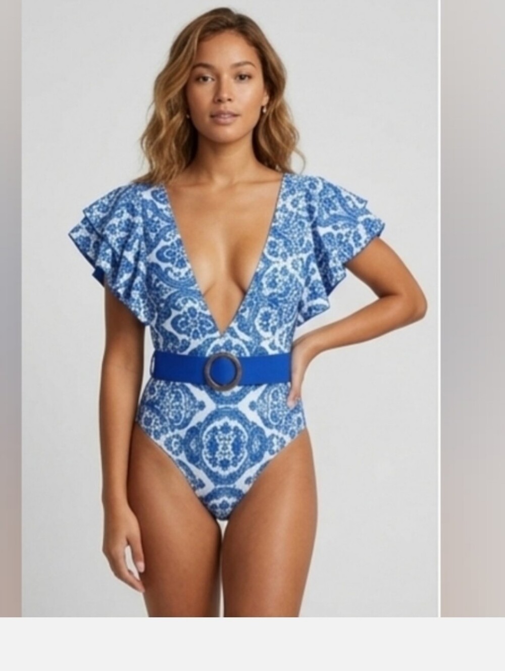 NWOT Deep V Blue Patterned One-Piece Swimsuit with Belt
